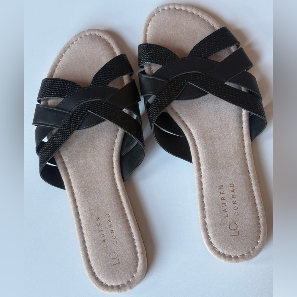 Lauren Conrad Black Woven Strap Slip-On Sandals Malachite Size L (9-10)